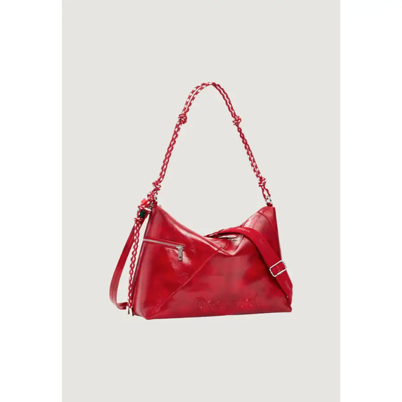A glossy red polyester Desigual handbag with braided chain strap and zip pockets featuring embossed brand name
