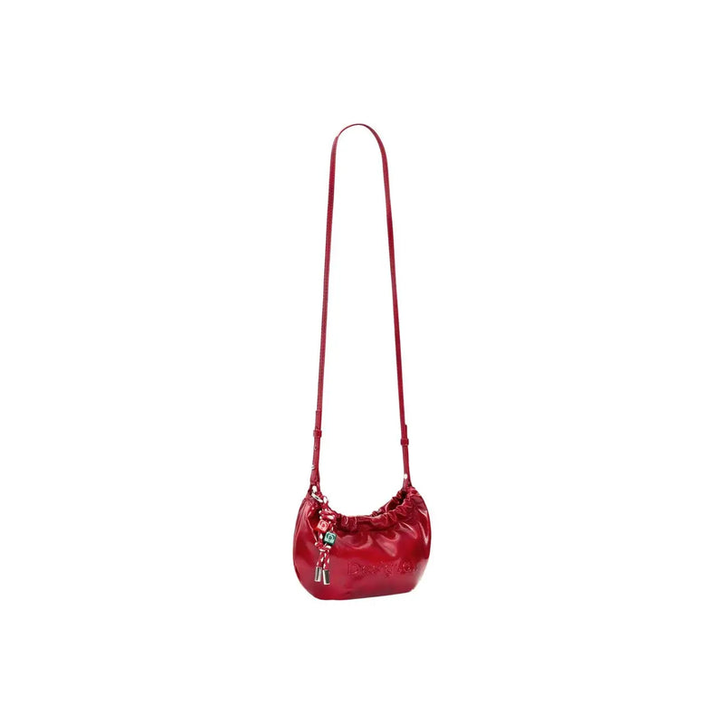 Desigual red glossy polyester crossbody shoulder bag for women with long strap and small front charm