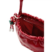 Desigual red polyester shoulder bag for women with glossy red leather bucket design and braided rope keychain with green lock