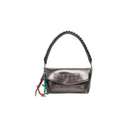 Shiny gunmetal gray shoulder bag with braided strap and colorful tassel charm for Desigual collection