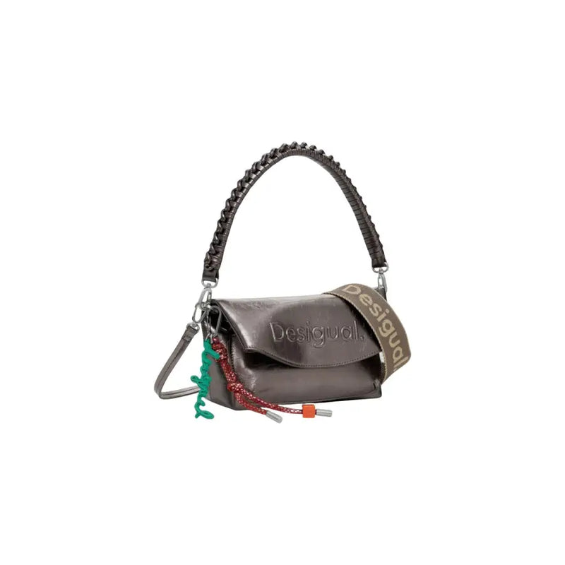 Metallic gray shoulder bag with braided handle, colorful string details, and logo strap