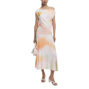Women’s off-the-shoulder midi dress with vibrant orange, pink, and yellow tie-dye pattern