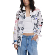 White Desigual printed long sleeve cotton blouse worn open over a white tank top