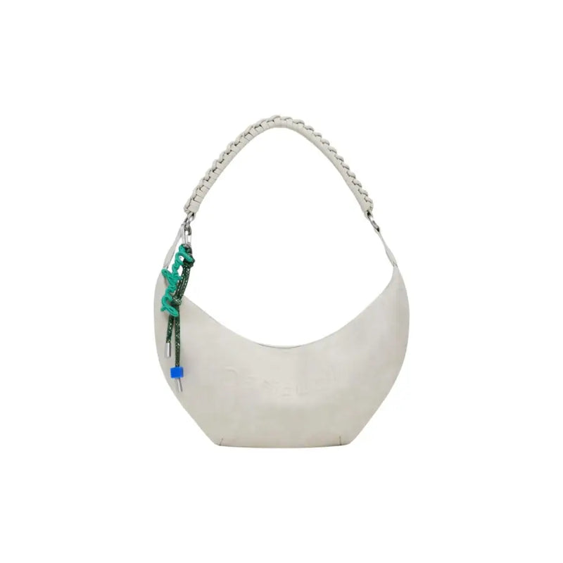Silver crescent moon-shaped shoulder bag with braided strap and green and blue charms