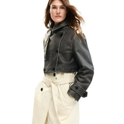 Black leather cropped jacket with contrasting stitching and black buttons styled with desigual women beige belted blazer with pockets