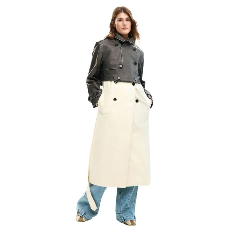 A black leather cropped jacket with silver buttons and double-breasted design paired with a beige belted blazer