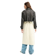 Black leather biker jacket with belted waist and rolled up sleeves shown from the front for women