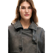 Dark gray faux leather trench coat with black buttons and contrasting stitching paired with desigual beige belted blazer with pockets
