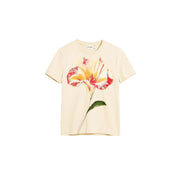 Desigual women beige floral cotton round neck t shirt with a vibrant hand-painted flower design on the front
