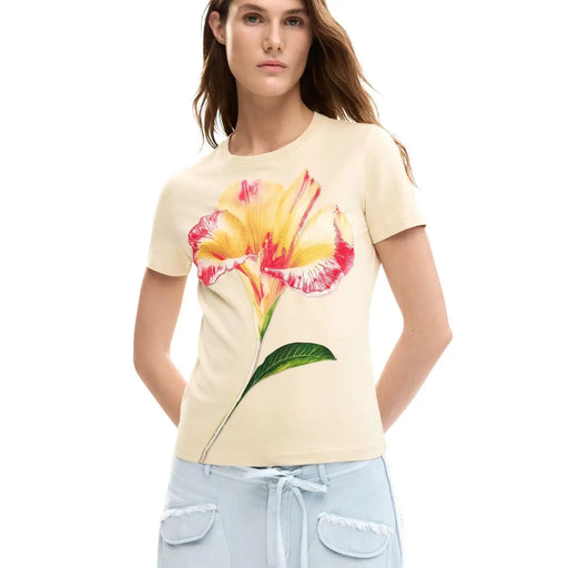 Desigual women beige cotton t shirt with round neck and vibrant yellow pink floral print on chest