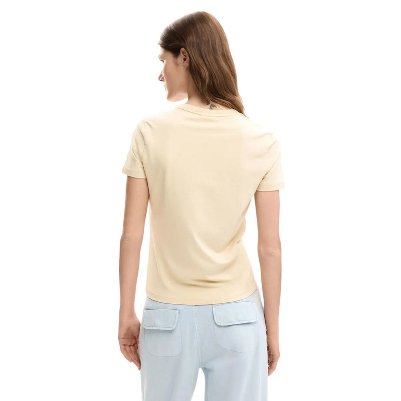 Desigual women beige floral cotton round neck t shirt soft cream short sleeves with subtle seam detailing