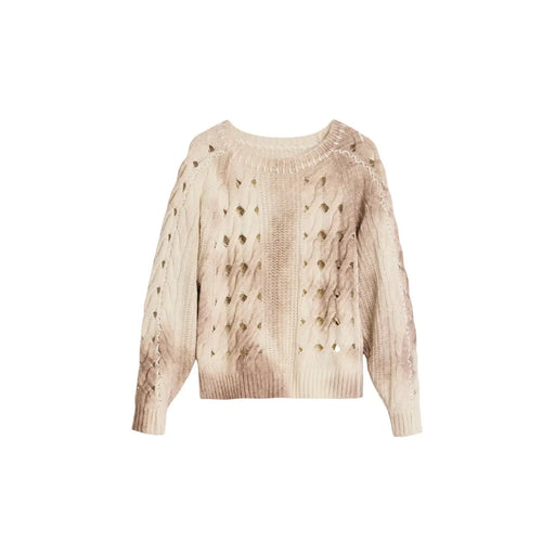 Pull beige Desigual pour femme, en maille de laine mélangée, avec un motif à torsades texturé et des détails ajourés décoratifs.