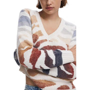 Woman wearing Desigual Women Beige Long V Neck Knitwear with abstract animal print