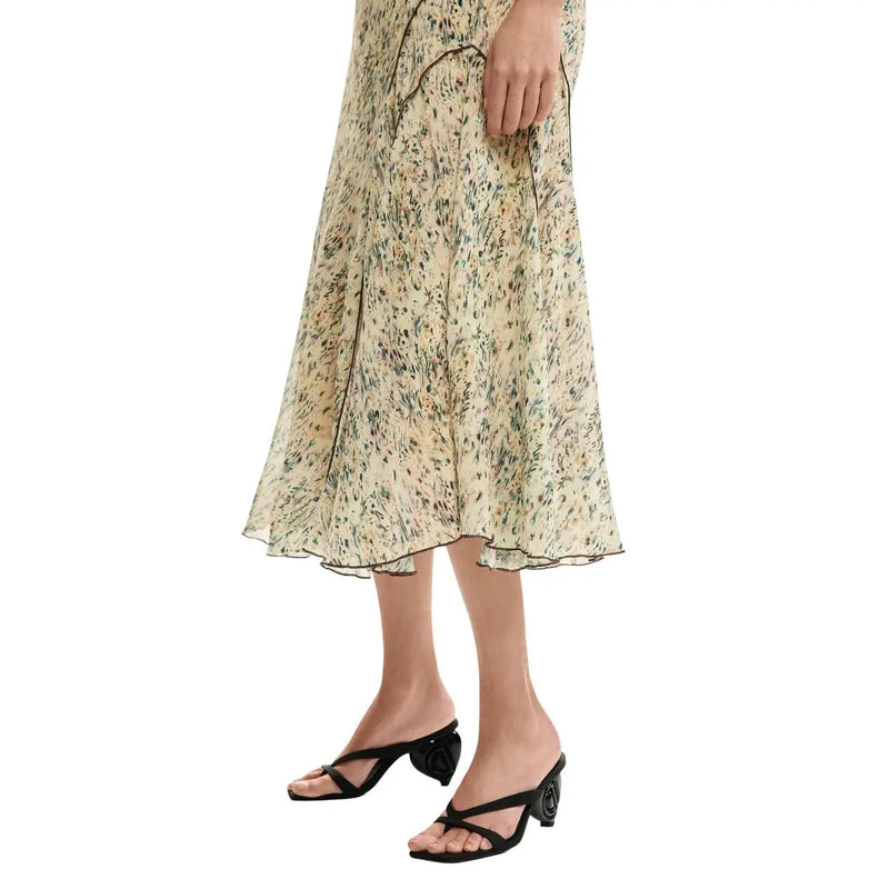 A flowing beige polyester midi skirt with delicate green and beige floral pattern by Desigual for spring summer