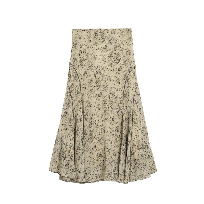 Desigual women beige polyester midi skirt with flowing fabric black abstract pattern and subtle side slits for spring summer