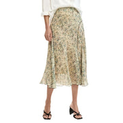 A flowing mid-calf length beige polyester skirt with green and black floral patterns by Desigual for spring summer