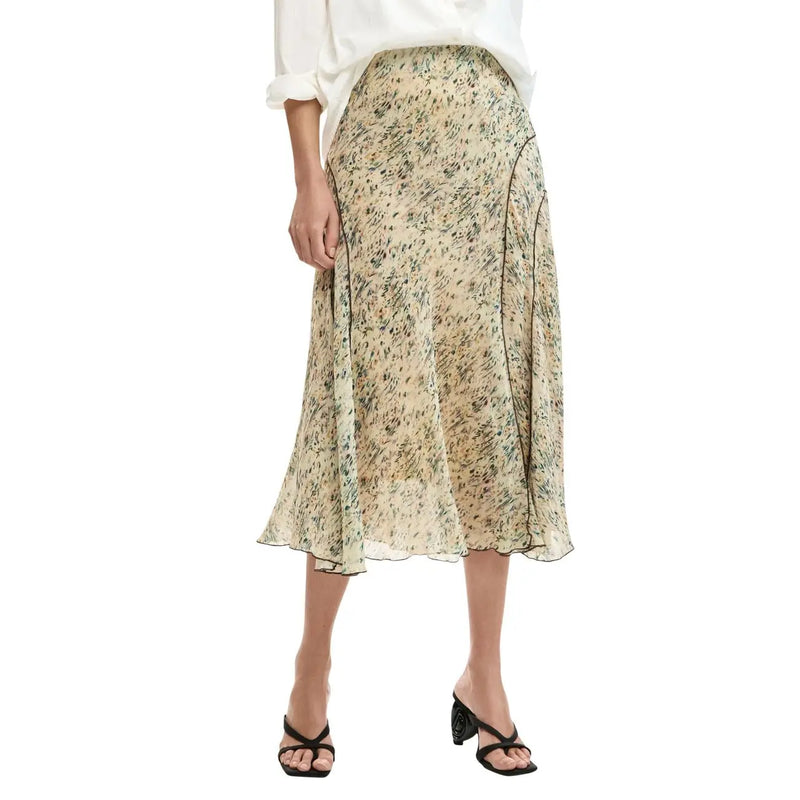 A flowing mid-calf length beige polyester skirt with green and black floral patterns by Desigual for spring summer