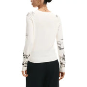 Back side of desigual women beige print long sleeve knitwear round neck white knit sweater with black script detailing