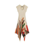 Desigual women beige sleeveless printed dress with v-neckline and asymmetrical pleated skirt for spring summer