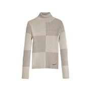 Beigefarbener Rollkragenpullover von Desigual für Damen mit Rippstrickstruktur und zweifarbigen vertikalen Streifen in horizontalen Blöcken