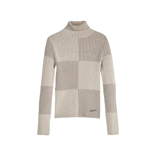 Pull Desigual pour femme, col roulé beige, en maille côtelée à rayures verticales bicolores disposées en blocs horizontaux.