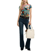 Desigual women beige cream-colored canvas tote bag with braided handles and small metallic logo on front