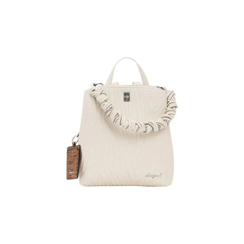 Desigual women beige quilted backpack with braided black and white strap metallic clasp and cork tag
