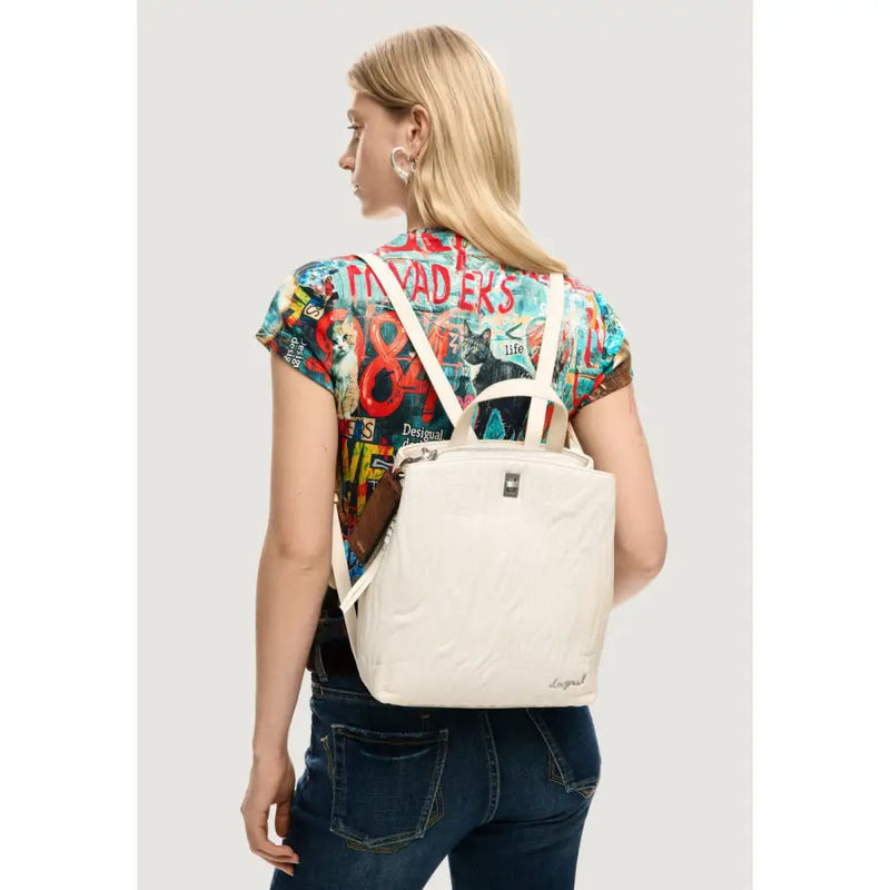 White quilted Desigual women beige backpack with adjustable shoulder straps front zipper and inside pocket