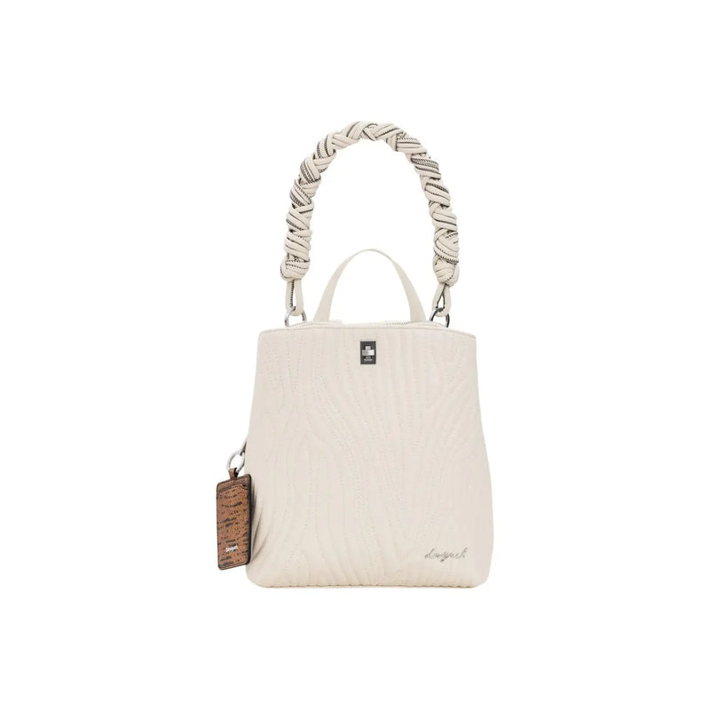 Desigual women beige cream-colored quilted handbag with braided rope handle and small leather tag with inside pocket
