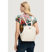 White quilted Desigual women beige backpack with adjustable shoulder straps front zipper and inside pocket