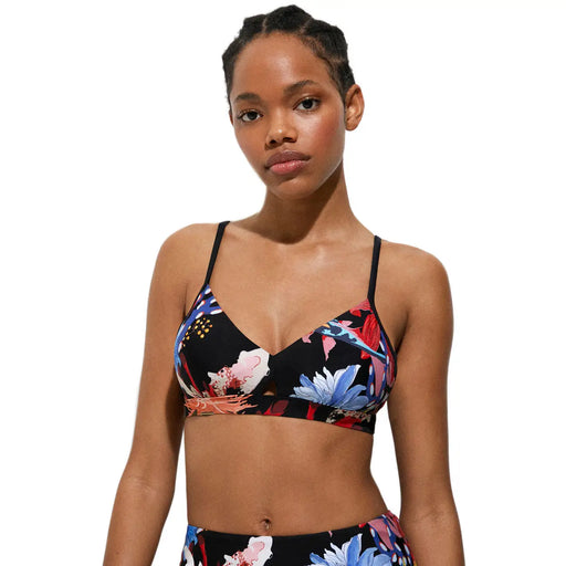 Desigual women bikini black polyamide elastane with thin straps and vibrant blue pink red floral print pattern