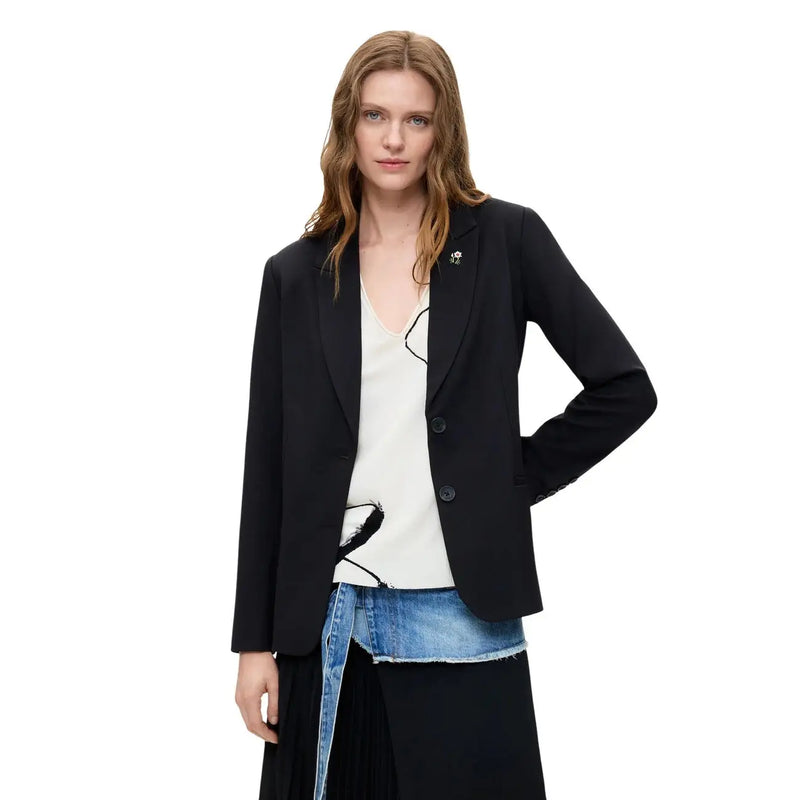 Desigual women black blazer viscose blend with long lapel single button closure and subtle floral pin on the lapel