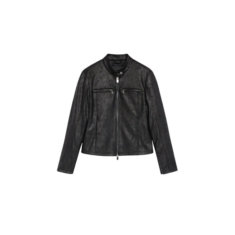 Desigual women black polyester blazer with zip mandarin pocket and textured leather moto jacket style closure
