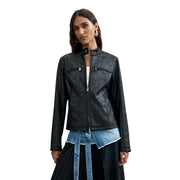 Black distressed leather moto jacket with silver zippers and front pockets by Desigual for women polyester blazer