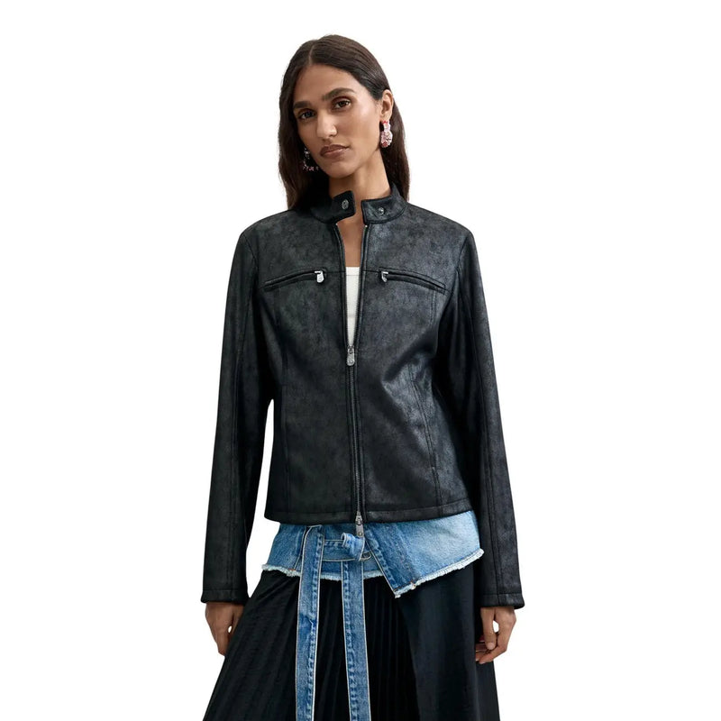 Black distressed leather moto jacket with silver zippers and front pockets by Desigual for women polyester blazer