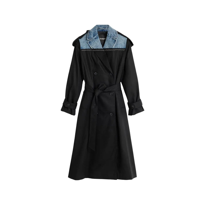 Desigual women black cotton lyocell trench blazer with denim collar double-breasted buttons and matching belt