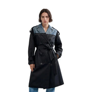 Desigual women black cotton lyocell hybrid trench blazer with denim collar and shoulder accents front view
