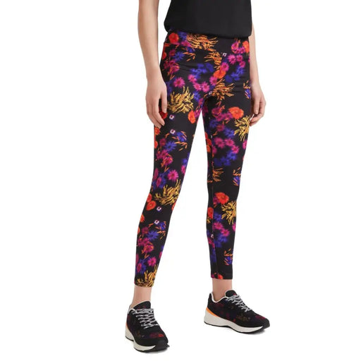 Desigual women black floral leggings with vibrant multicolored pattern