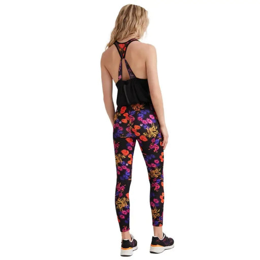 Desigual women black floral leggings with vibrant purple orange pink pattern