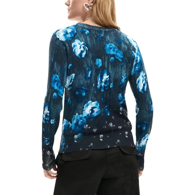 Desigual women black floral long sleeve round neck knitwear navy blue knit sweater with vibrant blue and white floral pattern