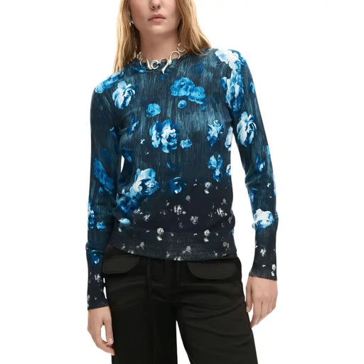 Desigual women black floral navy long-sleeve round neck knit sweater