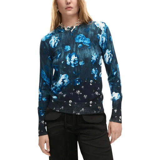 Desigual women black floral long sleeve round neck knitwear in navy blue with vibrant lighter blue and white floral pattern