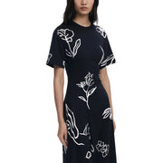 Navy blue short-sleeve midi dress with white floral pattern from Desigual Women Black Floral collection