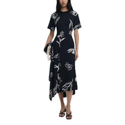 Black floral midi dress with short sleeves and asymmetrical hem for women at Desigual