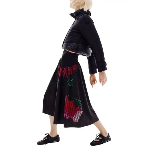 Black midi skirt by Desigual women featuring vibrant red and green sequined floral embroidery for spring summer
