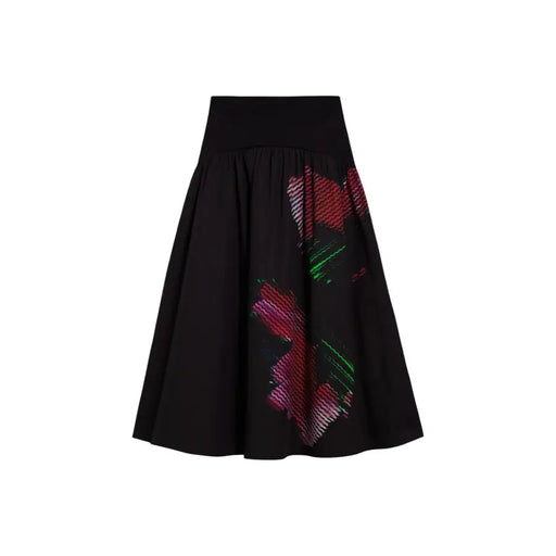 Desigual women black a-line skirt with vibrant pink and green abstract geometric patterns for spring summer