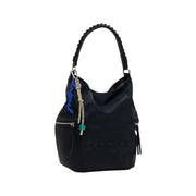 Black faux leather shoulder bag with braided strap and decorative charm for women