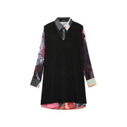 Desigual women black long dress with collared shirt detail and vibrant abstract patterned polyester blend sleeves
