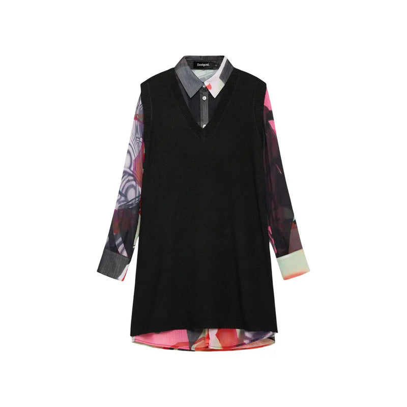 Desigual women black long dress with collared shirt detail and vibrant abstract patterned polyester blend sleeves