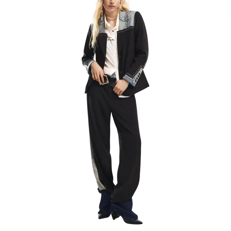 Desigual women black long sleeve blazer with lapel collar featuring denim accents and embroidered detailing